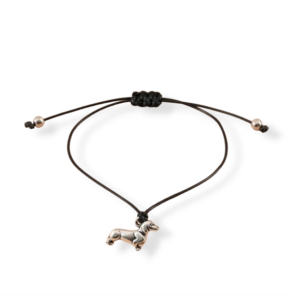 Woman / Men djustable Bracelet Black Cord With Dachshund.  Dog - Picture 1 of 4